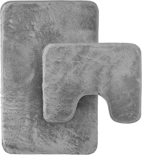 BLOOM BLENDS 2-Piece Extra Soft Bath Mat Set – Super Absorbent, Non-Slip Plush Bathroom & Toilet Rugs for Ultimate Comfort & Easy Care (Charcoal)