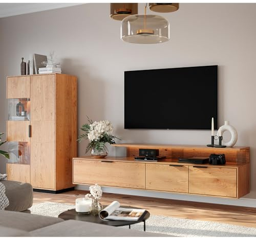 Lomadox Wohnwand Wohnmöbel Set 2-teilig Eiche massiv geölt, Echtholz/Massivholz, montierte Lieferung, 1 Lowboard, 1 Highboard inkl. LED-Beleuchtung
