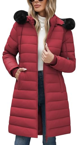 Yuson Girl Women's Coats Winter Jackets for Women Quilted Padded Coats Long Fleece Lined Jackets Zipper Hooded Parka Water Repellent Puffer Jacket Windproof Outerwear Ladies Coat(Burgundy, S)