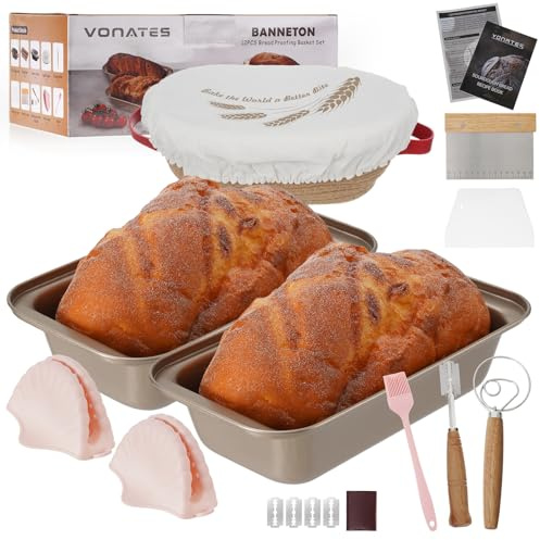 VONATES Set di cestini per lievitazione del pane, kit di cottura per lievitazione naturale incluso 2 teglie da toast + ciotola ovale in corda di cotone da 25,4 cm con fodera e coperchio, kit per