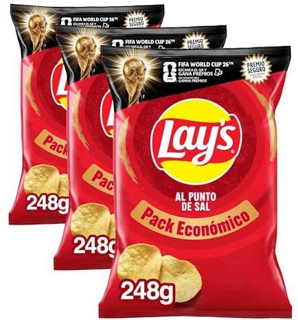 Lay's al punto de sal, Patatas Fritas de cultivos sostenibles con sabores vegetales, Producto de Aperitivo, bolsa familiar, 248 g (Paquete de 3)