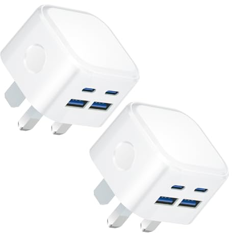 USB C Plug,2Pack 40W Fast Charger Plug 4-Port Multi USB and Type C UK Charging Compatible with iPhone 16/16 Pro 15 14 13 12 Pro Max Plus iPad,Multiport USBC Wall Plug Power Mains Head