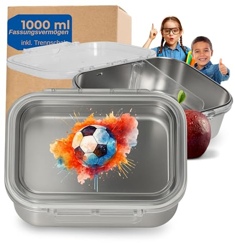 Lunchlåda i rostfritt stål för barn 1 000 ml – matlåda Storage med skiljevägg – BPA-fri matlåda för barn med fack – matlåda med motiv, färg: motiv fotboll