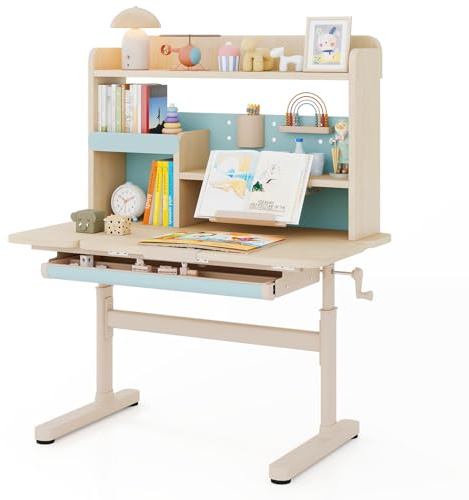 LIFEZEAL Escritorio Infantil con Bandeja Reclinable, Altura Ajustable, Cajón, Estante y Soporte de Lectura Retráctil, Patas de Metal, Mesa de Estudio para Niños de 3 a 12 Años (Azul)