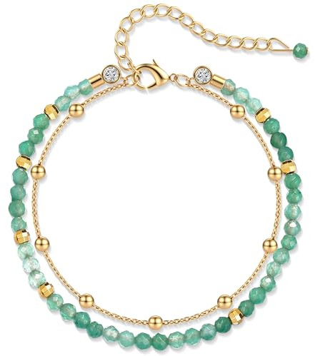 LOLIAS Bracelet Pierre Naturelle Femme Bracelets Acier Inoxydable Bracelets Aventurine en Pierre Naturelle de 5MM de Perles Bracelet Femme Or et Vert Bijoux Fantaisie pour Ado Fille Cadeau