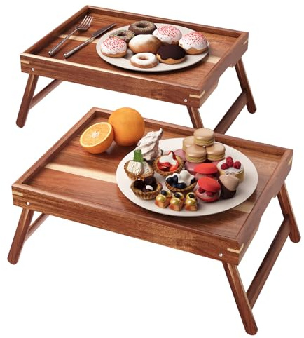 Fibogollo 2er Pack Betttablett mit klappbaren Beinen,Akazienholz Frühstückstabletts,Serviertablett Betttisch für Essen and Snack, Laptoptabletts zum Arbeiten