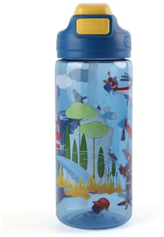 MHwan Vattenflaskor för barn, 600 ml, robust, okrossbar, läckagesäker, BPA-fri, aktivering med ett klick, lätt att rengöra, barns vattenflaska med sugrör, perfekt för skola och utomhus (brandman)