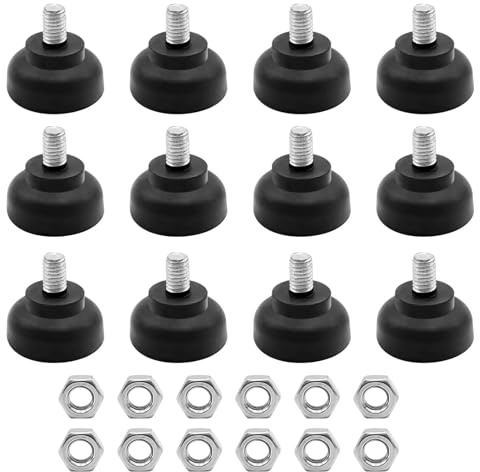 Joyan Patas Regulables, M8 x 35mm Patas para Mueble, Patas Regulables en Altura, con Tuercas, Base de Goma, Antideslizante y Amortiguador, Aptas para Muebles y Equipos, Negro (12)