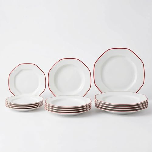SANTA CLARA | Vajilla Completa 12 Piezas Porcelana Extra Blanca para 4 Personas, Apta Microondas y Lavavajillas, Vajilla Alma Roja Decorada Forma Octogonal para Hogar y Cocina