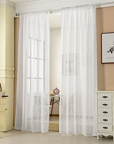 WOLTU 2er Set Gardinen, Vorhänge für Wohnzimmer Kinderzimmer Schlafzimmer, mit Kräuselband, Leinenoptik, Halbtransparent Voile, 140 x 225 cm, Weiß