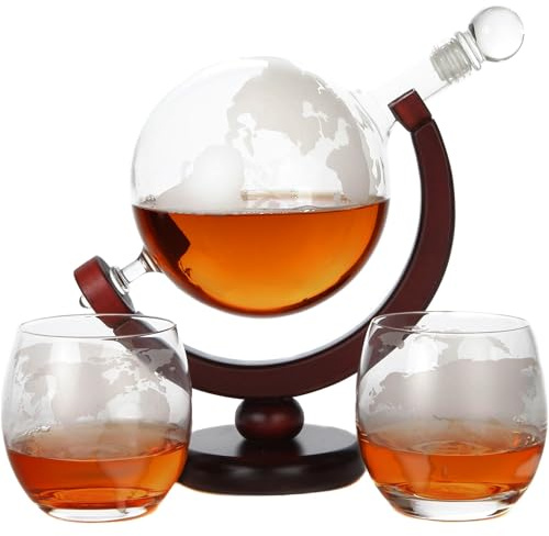 Lily's Home World Globe Whiskey Decanter with Dark Finished Wood Stand, Bar Funnel, and 2 Matching Glasses (850 ml)