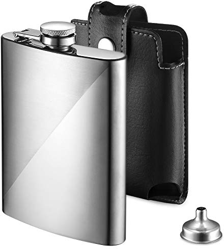 Ecooe Edelstahl Flachmann 227ml/8oz mit Trichter und Kunstledertasche Farbe Anthrazit, Whisky Flachman Set