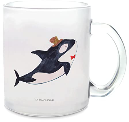 Mr. & Mrs. Panda Teetasse Orca Zylinder - Geschenk, Meer, Teeglas, Tasse mit Henkel, Teebecher, Glitter, Konfetti, Glas Teetasse, Teetasse aus Glas,