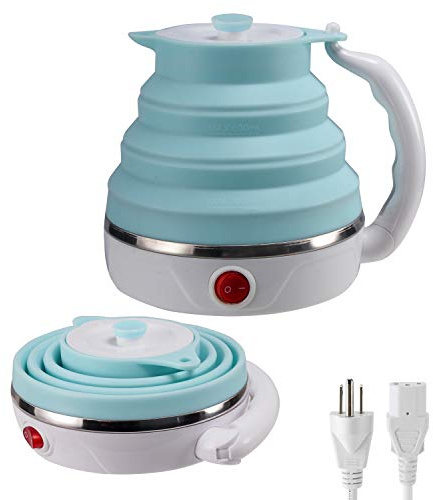 Travel Foldable Electric Kettle, Collapsible Electric Kettle Food Grade Silicone Small Pot Boiling water,Dual Voltage（600ml,110-220V US Plug） (Blue)