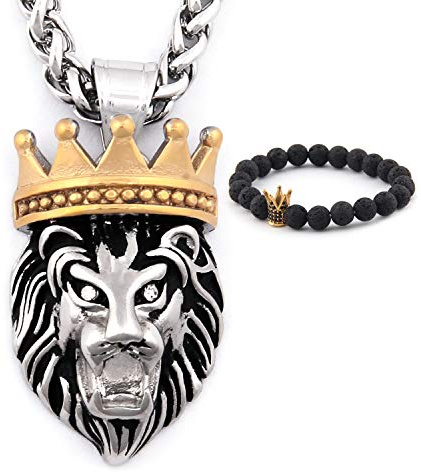 Gungneer Lion King Necklace Crown Pendant Stainless Steel Charm Keel Chain Leo Strength Jewelry Accessory Men Women