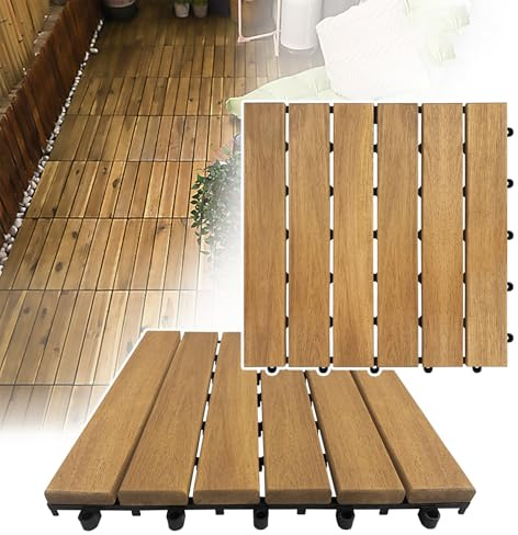 Froadp Bois d'acacia Revêtement de sol Extérieur, 30x30cm Dalles de Terrasse Set, Carreaux de Jardin avec Système de Drainage, Carrelage Clipsable Antidérapants pour Balcon(3m², Type A)