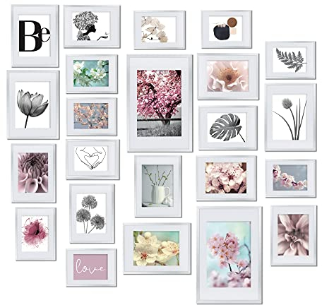 bomoe 24er Bilderrahmen Set Blossom – 10x 10x15 cm, 8X 13x18 cm, 4X 15x20 cm, 2X 20x30 cm Fotorahmen Collage Bilderrahmen mit Passepartout - Bilder Rahmen aus Kunststoff & Kunststoffglas Weiß