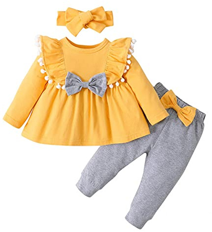 Huttam Vêtement Bébé Fille 3-18 Mois Pas Cher Habits Ensemble Bebe Fille Naissance Haut Fille Manche Longue Uni Avec Nœud Volants Tops Blouse Chemise Robe + Pantalon + Bandeau (12-18 mois, Jaune)