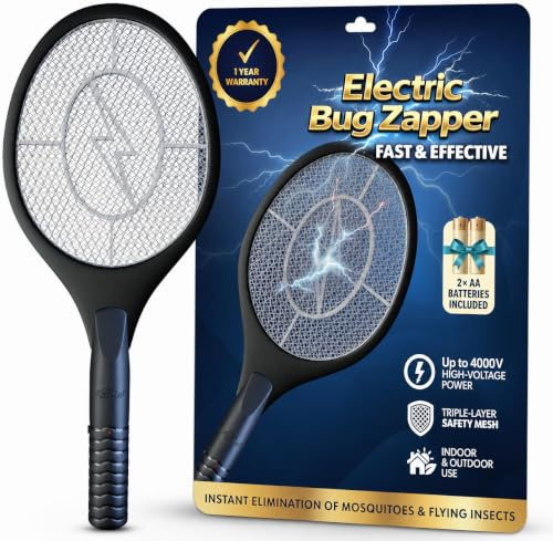 ASISNAI Raqueta matamoscas eléctrica y matamoscas para Control de Insectos en Interiores y Exteriores, Funciona con Pilas, Ligera y portátil, de Alto Voltaje, Color Negro