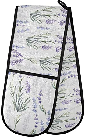 Seamless Watercolor Purple Lavender Flowers on White Double Oven Mitt Gloves Extra Long Potholder High Heat Resistant for Baking Cooking Baking Grilling Handling Hots Pans 35x7