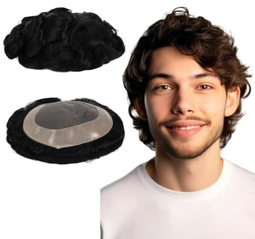 Lordhair Parrucca da uomo, Mono Sistema di Capelli in Pizzo con Sistema di Ricambio Nero per Parrucchino in PU