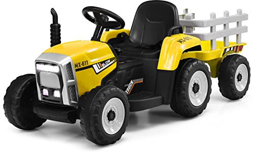 COSTWAY 12V 3-Gang Traktor mit abnehmbarem Anhänger und 2,4G Fernbedienung, Kinder Aufsitztraktor mit LED Lichtern, Musik, Hupe & USB Funktionen, geeignet für Kinder ab 3 Jahren (Gelb)