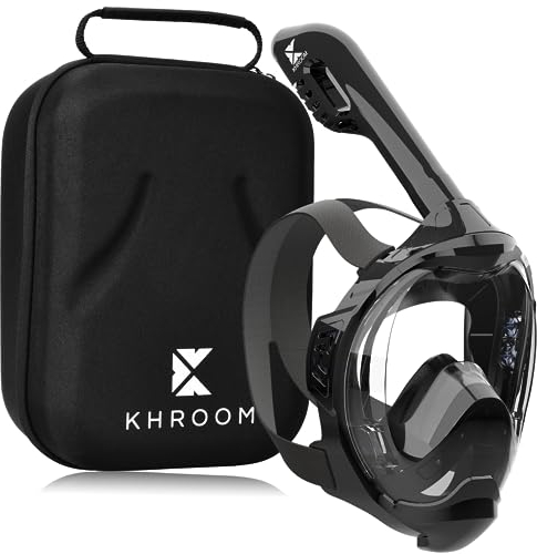 Khroom Schnorchelmaske Erwachsene & Kinder ab 3 Jahre | CO2 sicher | Vollgesichtsmaske mit Easy-Breath System | Schnorchelset Alternative | Seaview Y Tauchmaske Erwachsene / Kinder L/XL Schwarz+Case