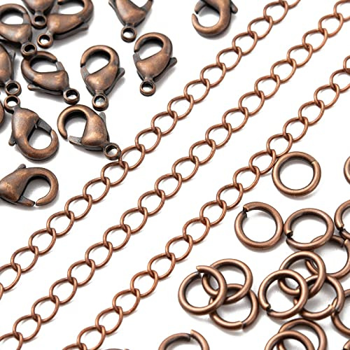 Spritewelry 10 m lange Kupferkette mit 30 Karabinerverschlüssen und 100 Binderinge für Halsketten, Armbänder, Schmuckzubehör, Basteln