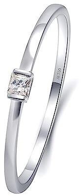KnSam Weißgold Au585 14K Ring Echt Gold, Klassiker Eheringe mit Diamant 0.01ct Prinzessschliff, Gold 585 Bandringe Verlobungsring für Damen, Silber, Gr.61