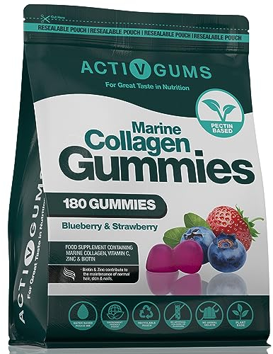 Meereskollagenkomplex 180 vegane Gummis | Erdbeer- & Blaubeergeschmack | Mit Kollagen, Vitamin C, Zink & Biotin | Wiederverwendbare & recycelbare Tasche | Geeignet ab 5 Jahren | von ActivGums®
