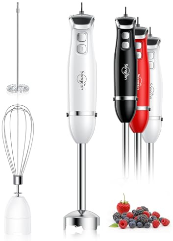Sangcon Immersion Blender Handheld, 3-in-1 Hand Blender Electric, 400W Handheld Blender, Stainless Steel Blade Stick Blender with Whisk, Milk Frother Attachments - White