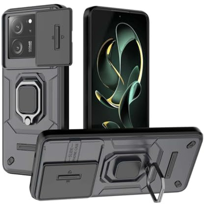 PEIYE Funda para Xiaomi 13T / Xiaomi 13T Pro, Carcasa Armor en Silicona Suave y PC Rígido, Case Antigolpes con Anillo Rotativo de 360° y Cover Protector para Lente, Negro