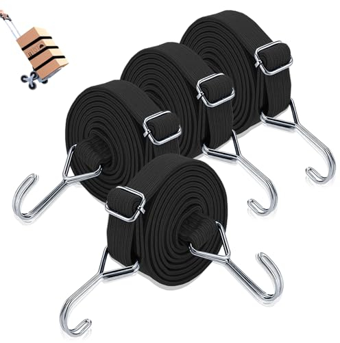 4 Pièces Tendeurs Elastique avec Crochets, Sangles Élastiques Réglables en Caoutchouc, 1M de Long Sandow Corde Elastique Robustes, Cordons Sangles Plates Sandow pour Transport de Voiture, Noir