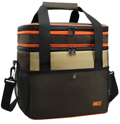 MIER Expandable 24L Lunch Bag Double Layer Insulated Cooler Tote Soft Cooler Bags 30Can Mens Adults Lagre Leakproof Lunch Boxes for Work, Picnic, Camping, Travel, Brown