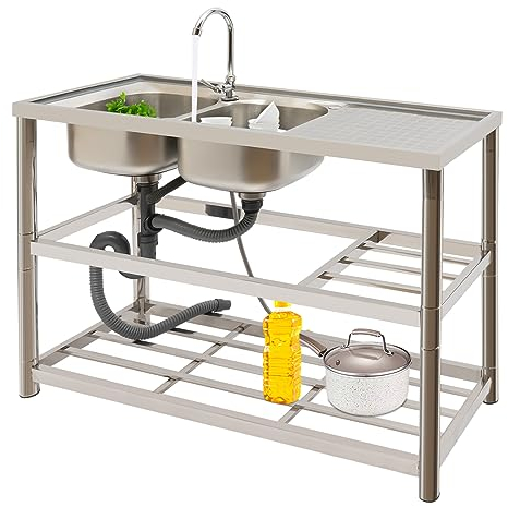 Küchenspüle Gewerbliche Freistehende Edelstahl Spültisch 2 Becken Spülbecken Doppelschüssel Küche Spültisch mit Wasserhahn und Abflusseinheit, 120×45×80cm