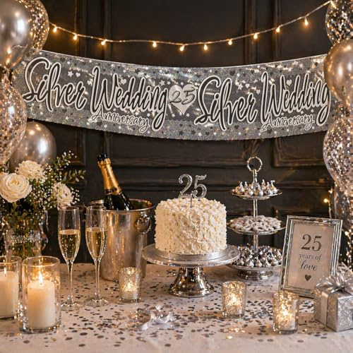 Silberhochzeit Party Dekoration Banner Girlande 25th Wedding Cheers to 25 Years Silver Wedding Giant Extra Wide Recycelbar Eco Friendly Holographic Shiny Sparkly Party Banner