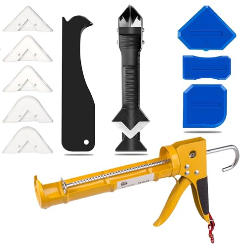 JXINLODGEG Caulk Gun Kit for 10oz Caulk Tubes – Silicone Caulking Gun, Caulk Remover, Sealant Finishing Tool & Grout Scraper – 10:1 Thrust Ratio for Precision Home and Outdoor Repairs