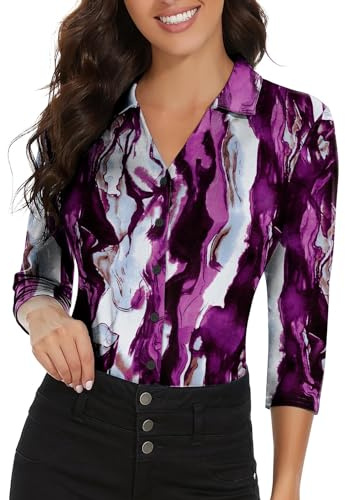 Soneven Camicia Donna Estiva Elegante, a 3/4 Maniche Lunghe Camicetta con Scollo a V Polo da Golf da Lavoro con Bottoni