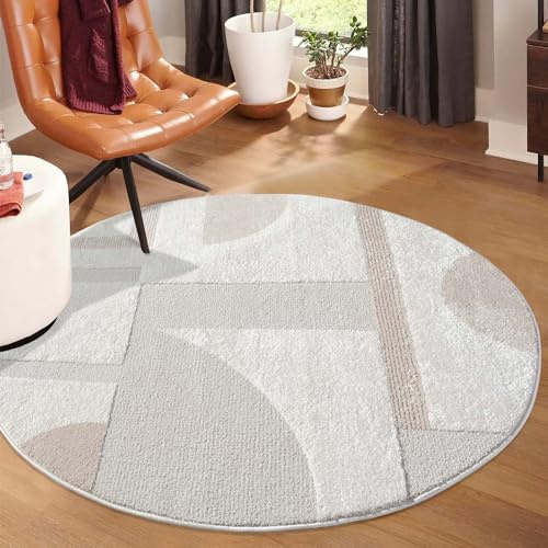 carpet city Kurzflor Teppich Creme - 160 cm Rund - Wohnzimmer-Teppiche Hochtief-Muster, 3D-Effekt - Geometrisches Muster - Flachflor Bodenbelag, Deko Schlafzimmer