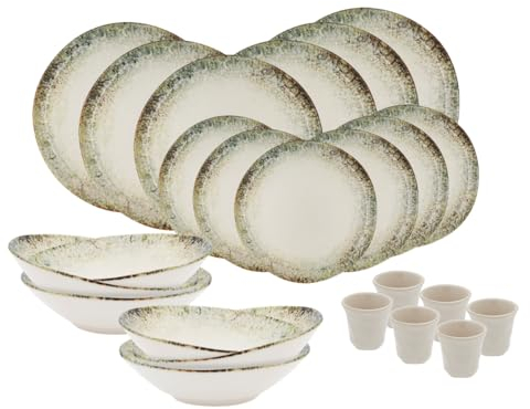 Artime - Service de Table, Assiettes Petites et Grandes, Plates et Creuses, 24 pièces, Assortiment de Vaisselle, Service Vert et Beige, Assiettes et Tasses en Céramique, Collection JADE