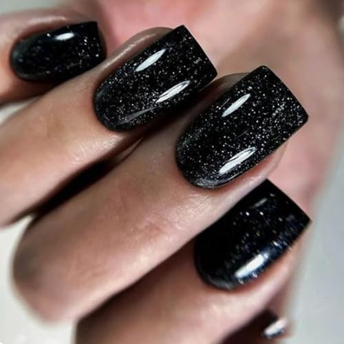 Black Fake Nails - 24pcs Glitter Press on Nails - Medium Square False Nails with Glue - Natural French Tip False Nails - Artificial Full Cover Coffin Acrylic Nails for Women Girls Nail Art