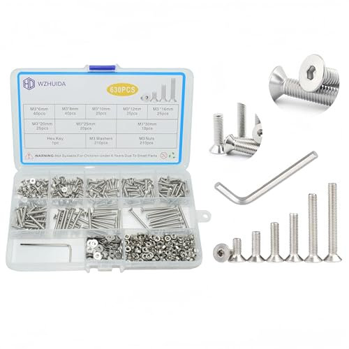 WZHUIDA Lot de 630 vis M3 à tête fraisée en acier inoxydable à six pans creux métriques - Écrous et rondelles - Vis à tête hexagonale pour machines à filetage