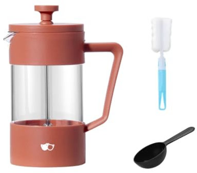 W&M Französische Kaffeemaschine - Französische Presse - French Press - Manuelle Kaffeemaschine - Edelstahl, Borosilikatglas - Dreifachfilter - Messlöffel + Reiniger - Rosa - 600 ml