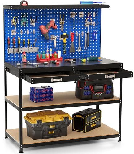COSTWAY 121x61x156cm Workbench with Pegboard, Metal Garage Work Bench with 2 Drawers & 24 Hanging Accessories, 435kg Capacity Heavy Duty Tool Storage Workstation for Workshop Warehouse (Navy + Black)
