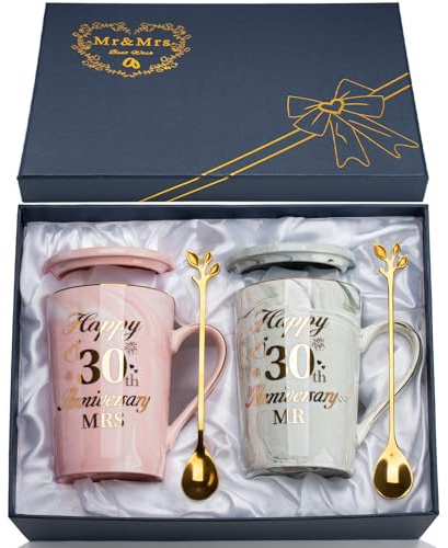 YIKILYLIFE Regalos 30 Año Aniversario Boda 2PCS Tazas 400ml, Regalo Boda 30 Aniversario Bodas Cerámica Jaspeada Taza con Cucharas, Tarjetas, Cajas de Regalo