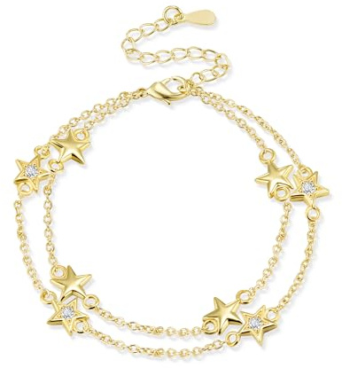 Gold Armband für Damen - Stern Armband Verstellbare Layered Armbänder Armschmuck Armbänder Freundschaftsarmband für Frauen und Mädchen Geschenke 17+5cm