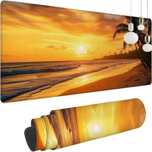 Coucher Soleil Plage Gaming Tapis de Souris XXL, 800x300x3mm Clavier Souris Gamer Tapis Bureau avec Base Anti-Dérapage, Améliore la Précision et la Vitesse, Mouse Pad Imperméable pour Le Bureau Z-331