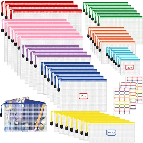45 Stück Dokumententasche, 8 Größen Dokumententasche mit Reißverschluss,Wasserdichte Dokumententasche,Kunststoff Mesh Datei Taschen Dokumententasche für Schule, Zuhause, Büro, Reisen, Kosmetika