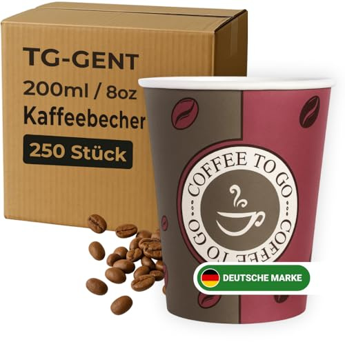TG-GENT Kaffeebecher 200ml - 250 Stück | Auslaufsichere Kaffeebecher to go Einweg - Ideal für Heißgetränke wie Kaffee, Cappuccino oder Tee | Stabile Espressobecher bzw. Pappbecher als Einwegbecher