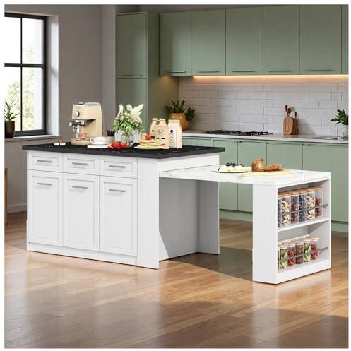 Wyibwy Isola cucina multifunzionale 150+96x90x90 cm,con tavolo da pranzo allungabile,piano di lavoro in legno effetto marmo bianco e nero e armadietti integrati,mobili da cucina.